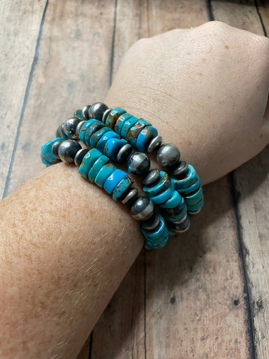 Handcrafted Sterling Silver Stretchy Natural #8 Turquoise Beaded Bracelet 10mm pearl
