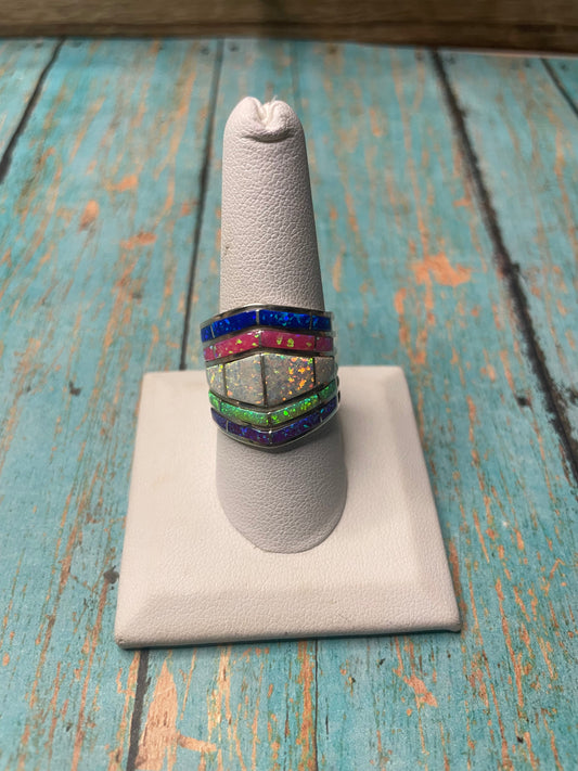 Handcrafted Multi Stone Opal & Sterling Silver Wide Band Ring Signed