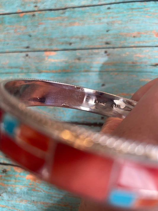 Handcrafted Turquoise & Spiny Inlay Sterling Silver Bangle