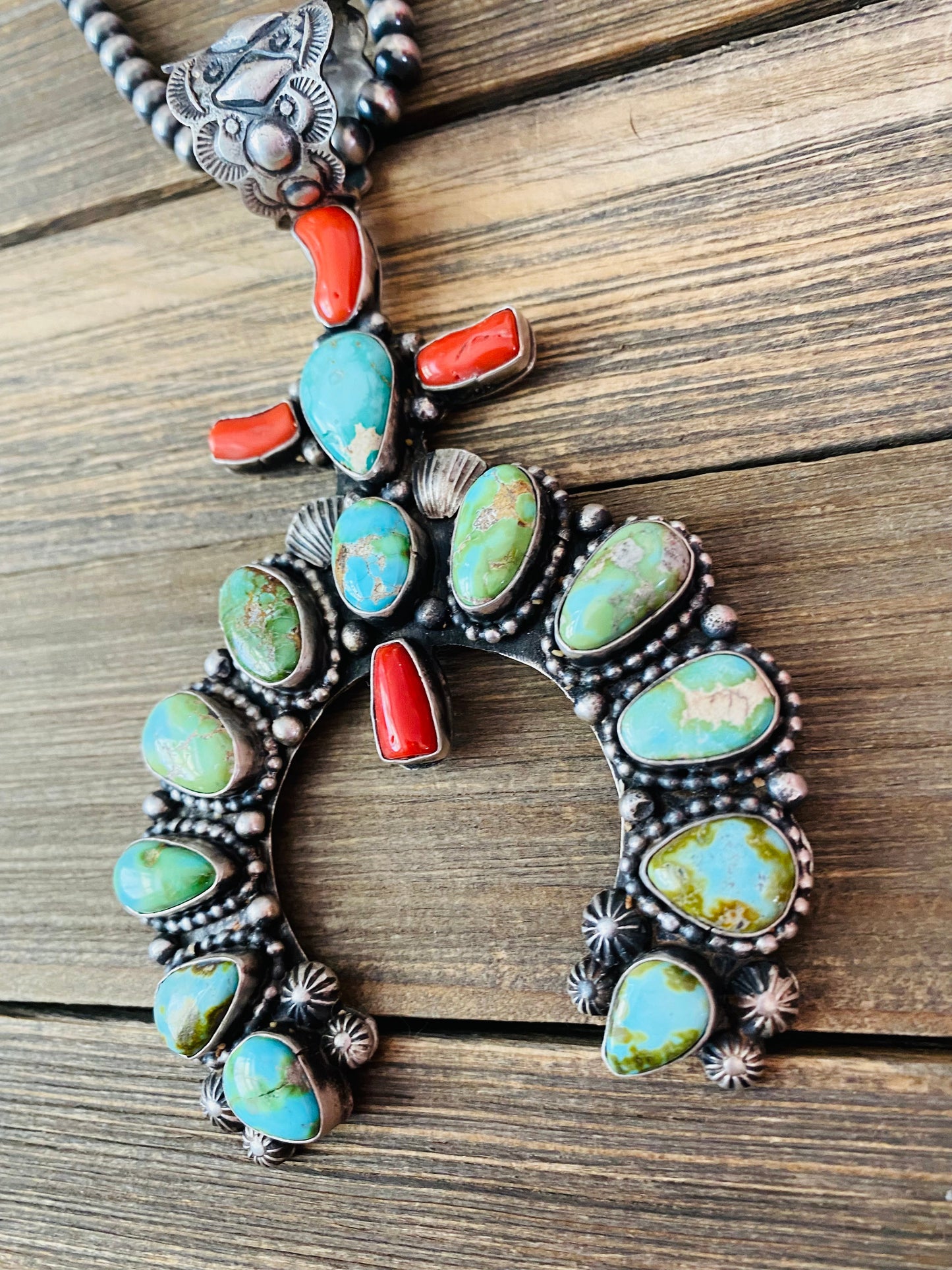Shawn Cayatenito Navajo Sterling Silver, Sonoran Mountain Turquoise & Coral Naja Pendant