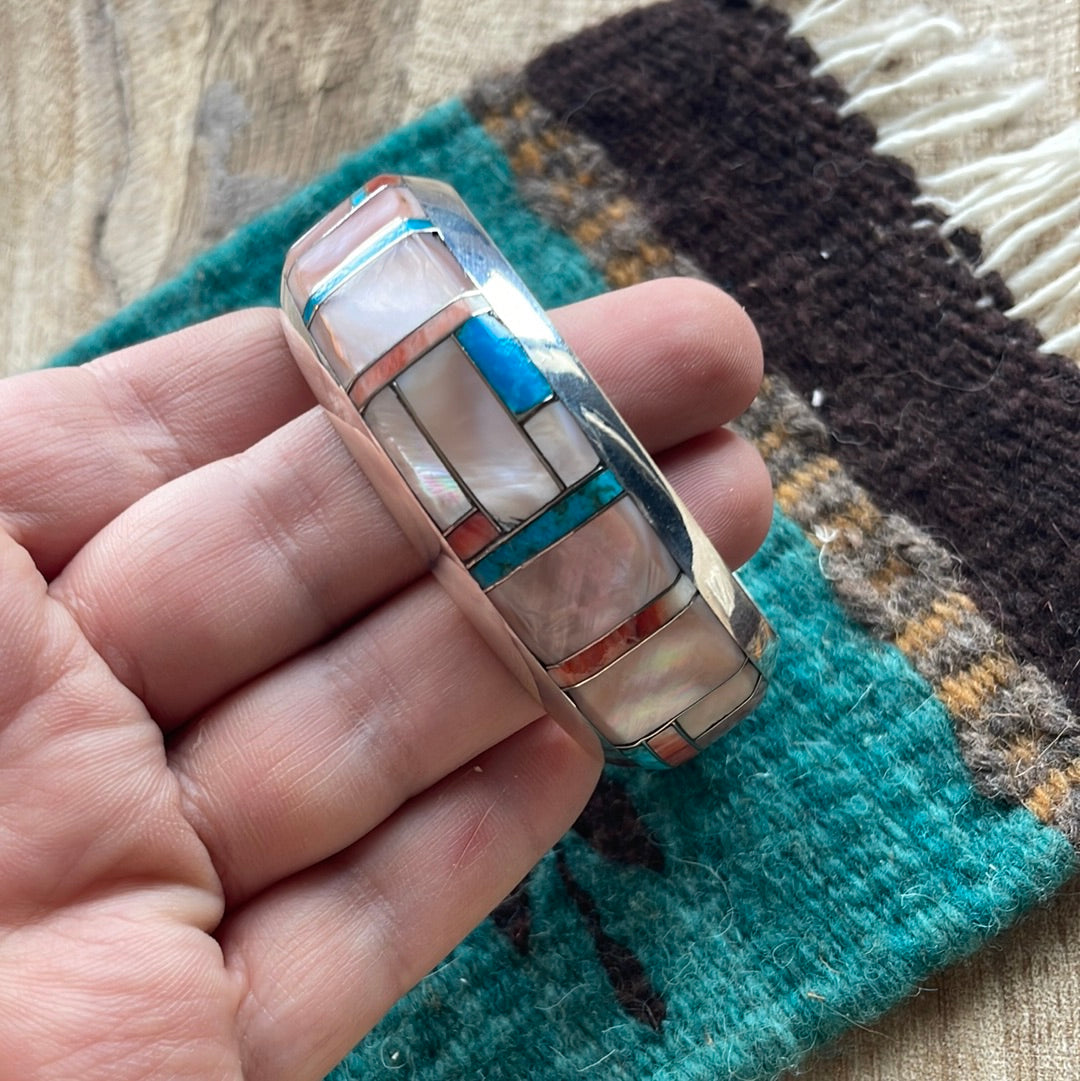 Handcrafted Multi Stone & Sterling Silver Inlay Cuff Bracelet