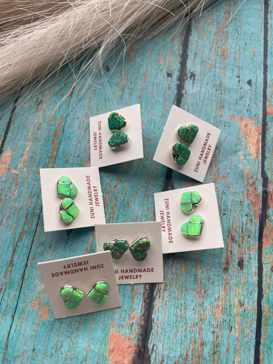 Handcrafted Sterling Silver & Green Opal Inlay Heart Stud Earrings