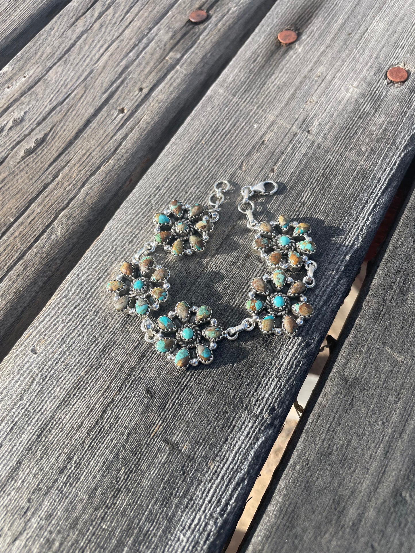Handmade Sterling Silver And Turquoise Cluster Flower Bracelet Signed Nizhoni