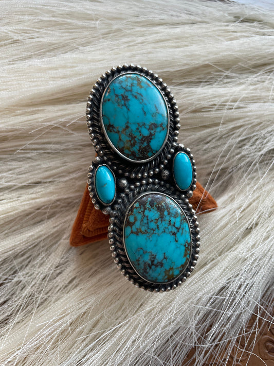 Handcrafted Sterling Silver And Turquoise Statement Adjustable Ring Signed