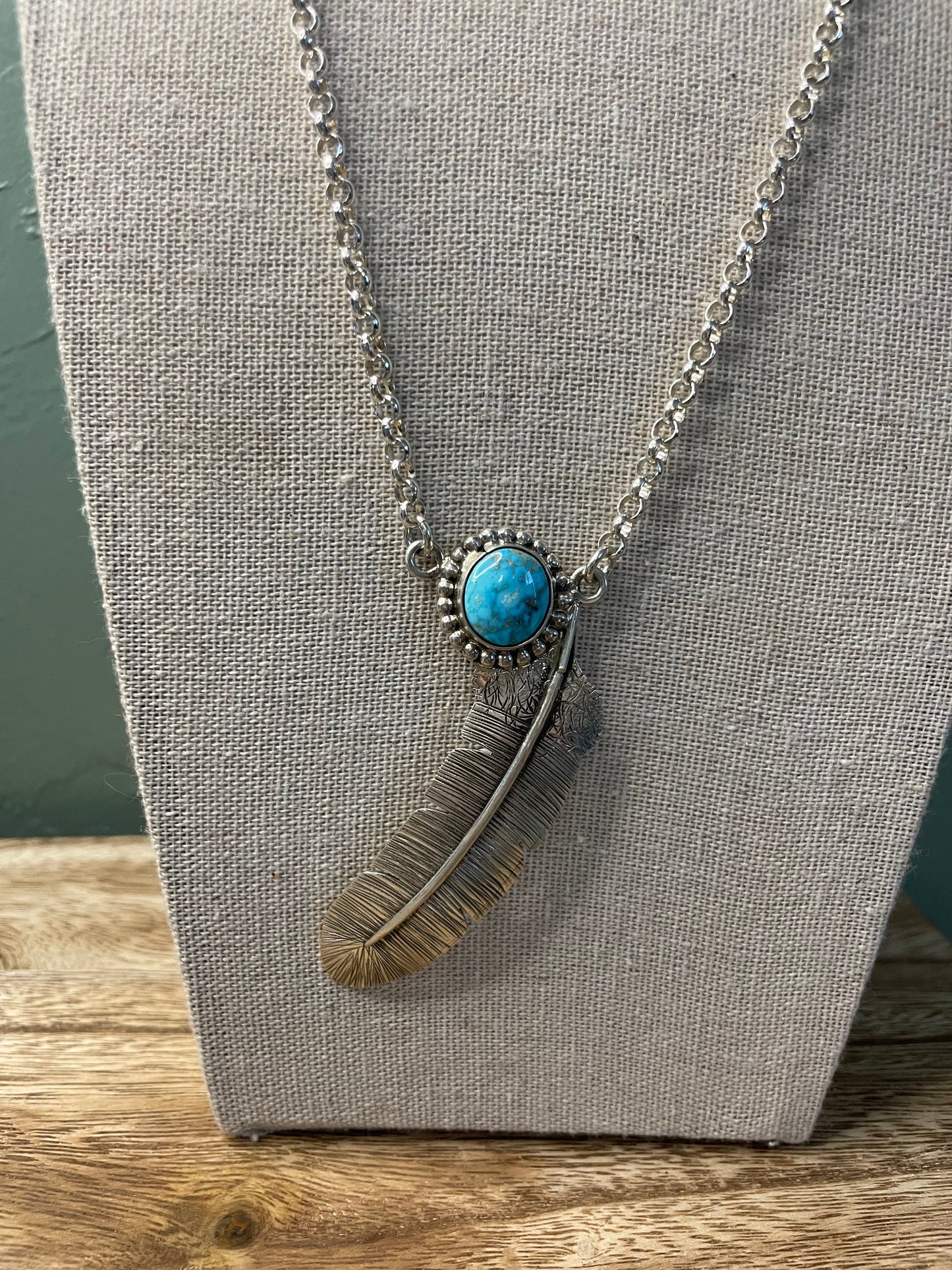 Navajo Sterling Silver And Turquoise Feather Necklace Signed And Stamped