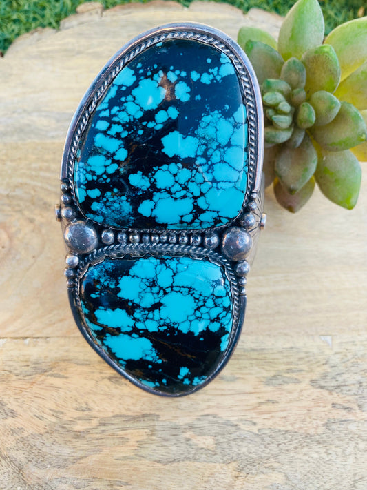 Handcrafted Incredible Vintage Turquoise & Sterling Silver Jumbo Cuff Bracelet /