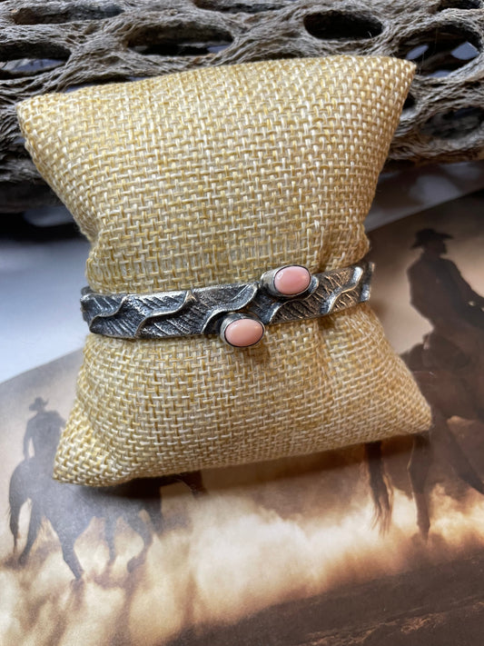 Handcrafted Pink Conch & Sterling Silver Tufa Cast Cuff Bracelet Signed