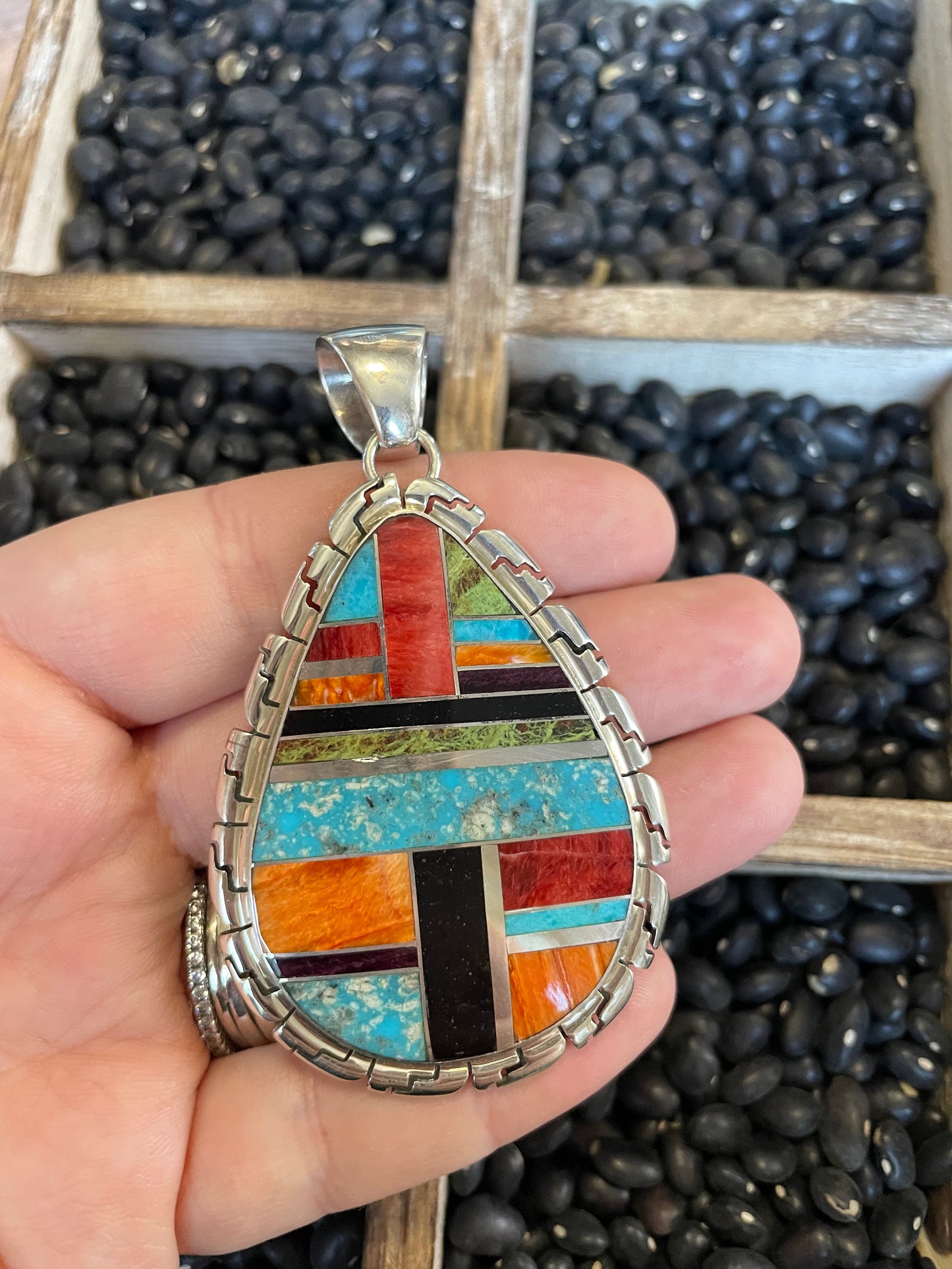Handcrafted Multi Stone Inlay & Sterling Silver Pendant Signed LK