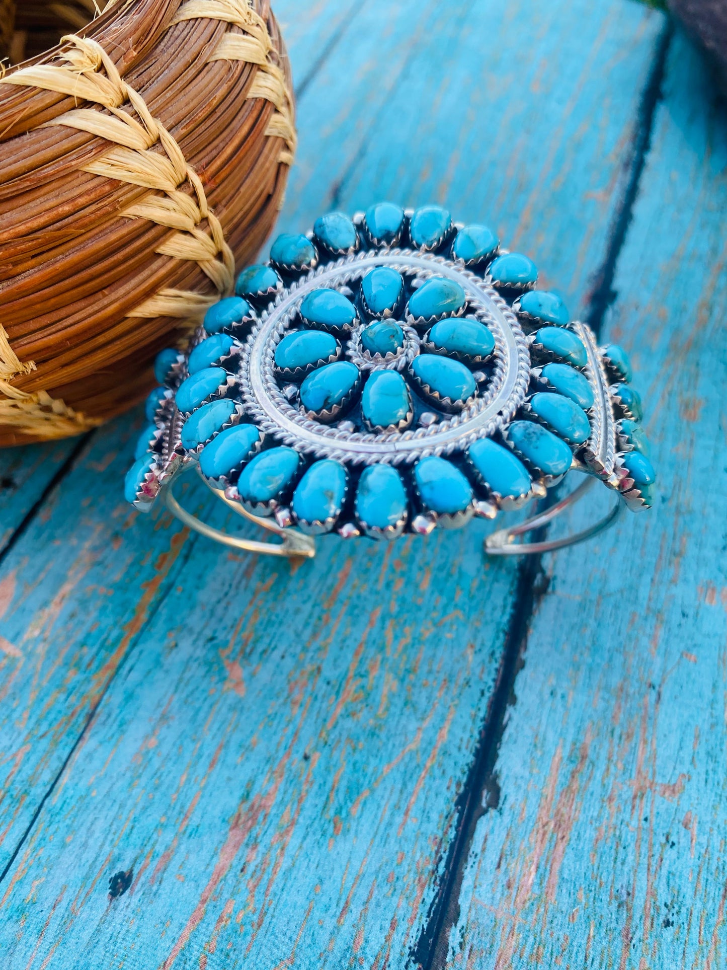 Handcrafted Kingman Turquoise & Sterling Silver Cluster Bracelet Cuff /