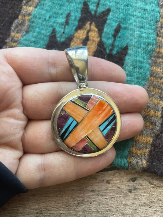 Handcrafted Multi Stone Inlay & Sterling Silver Circle Pendant