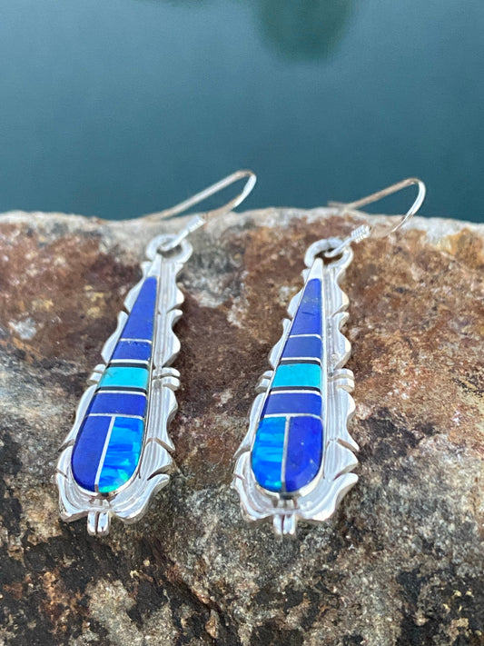 Handcrafted Lapis, Turquoise, Jagged Dangle Earrings