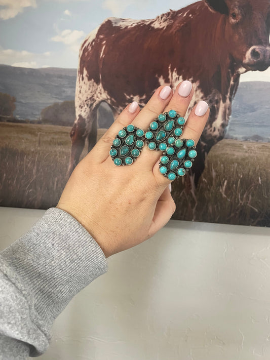 Handcrafted Sterling Silver And Turquoise Beautiful Adjustable Cluster Rings