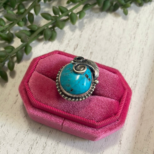 Handcrafted Turquoise & Sterling Silver Feather Ring Signed Size 7.25