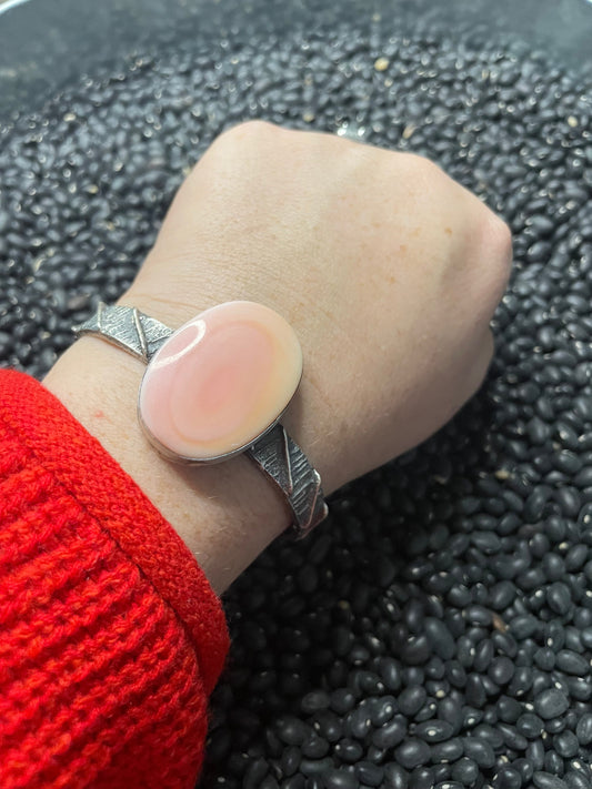 Handcrafted Pink Conch & Sterling Silver Tufa Cast Cuff Bracelet Signed