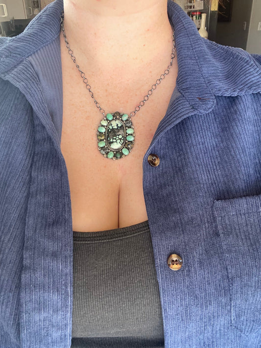 Handcrafted Royston & Carico Turquoise Sterling Silver Cluster Necklace by Sheila Becenti