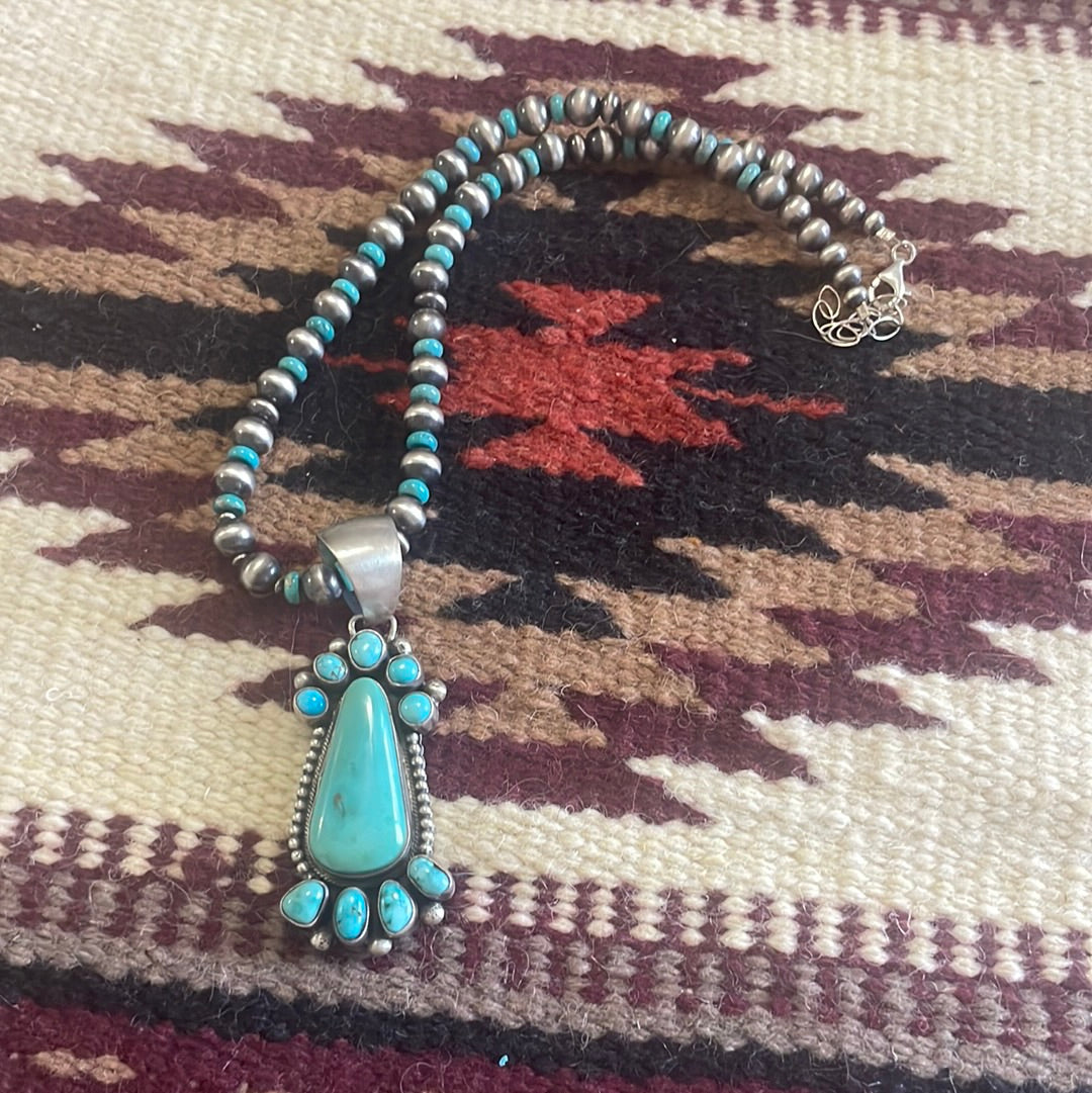 Beautiful Navajo Sterling Silver Beaded Turquoise Necklace With Pendant Signed B Johnson