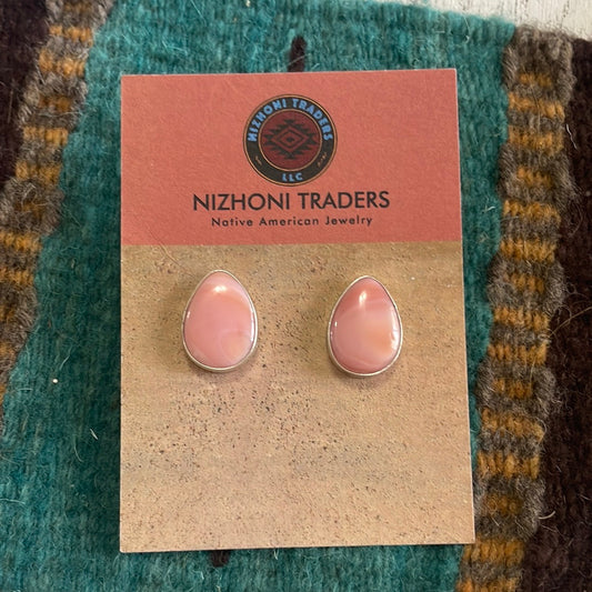Navajo Sterling Silver & Pink Conch Tear Drop Stud Earrings Signed