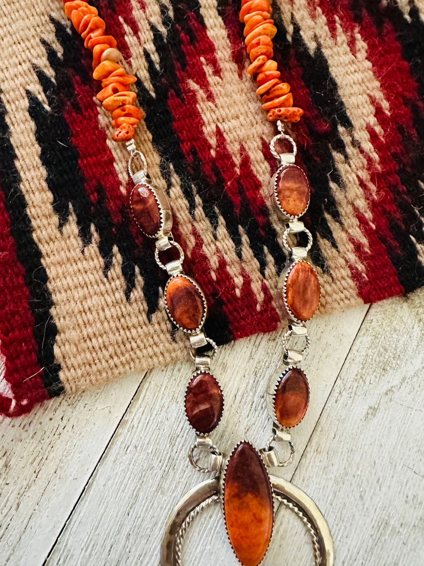 Handcrafted Sterling Silver & Orange Spiny Beaded Naja Necklace