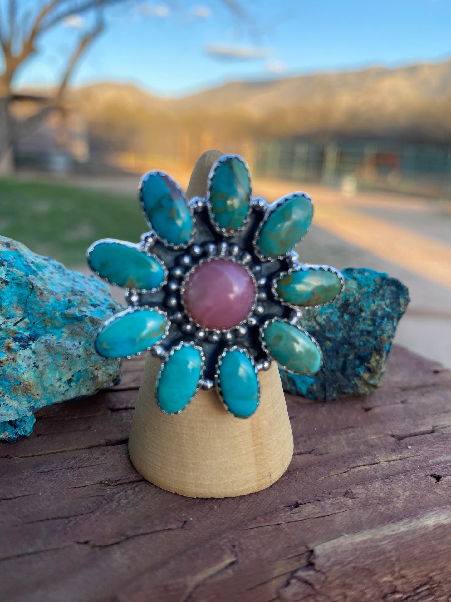 Adjustable Pink Opal & Royston Turquoise Sterling Silver Flower Ring