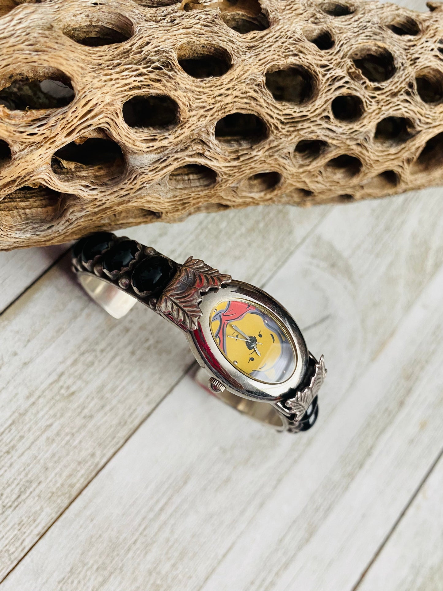 Old Pawn Vintage Handcrafted Onyx & Sterling Silver Watch Cuff