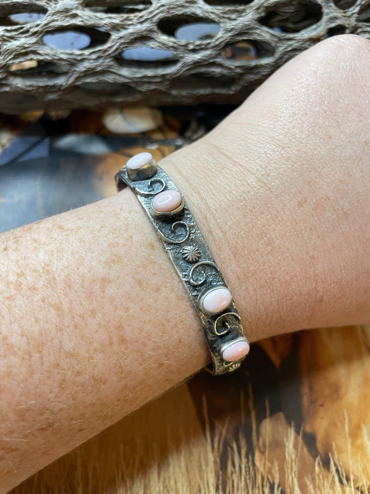 Handcrafted Pink Conch & Sterling Silver Tufa Cast Cuff Bracelet Signed