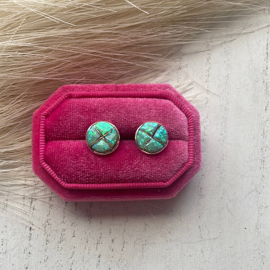 Handcrafted Green Opal Inlay & Sterling Silver Stud Earrings