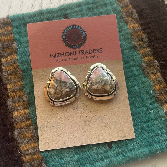 Handcrafted Sterling Silver & Rhodochrosite Stone Post Earrings Signed