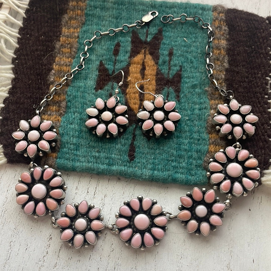 “The Delaney” Handcrafted Queen Pink Conch Shell And Sterling Silver Necklace Earrings Set Signed