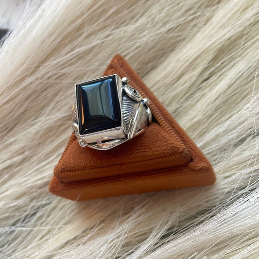 Handcrafted Sterling Silver & Black Onyx Rectangluar Ring Size 9