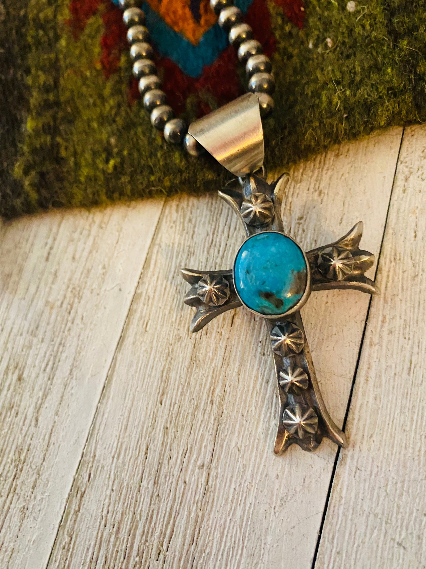 Handcrafted Sterling Silver & Turquoise Cross Pendant By Chimney Butte