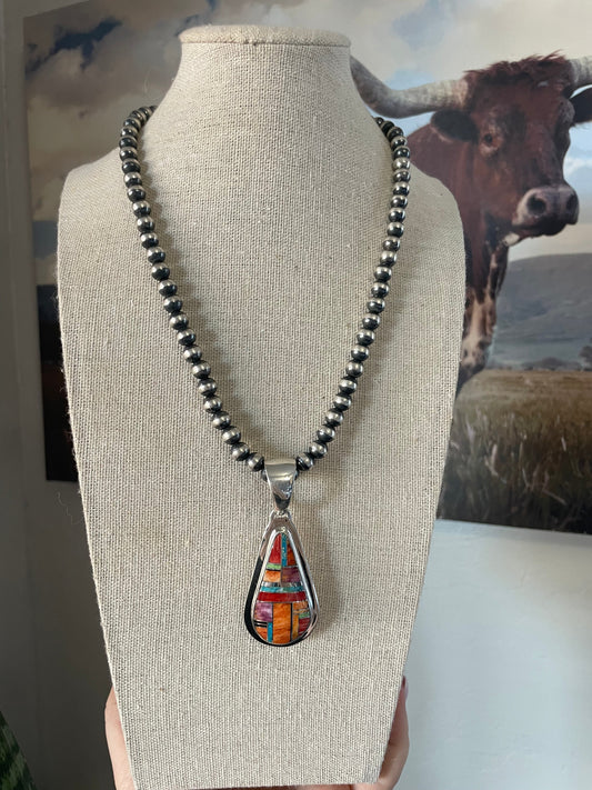 Handcrafted Multi Stone Inlay & Sterling Silver Pendant Signed