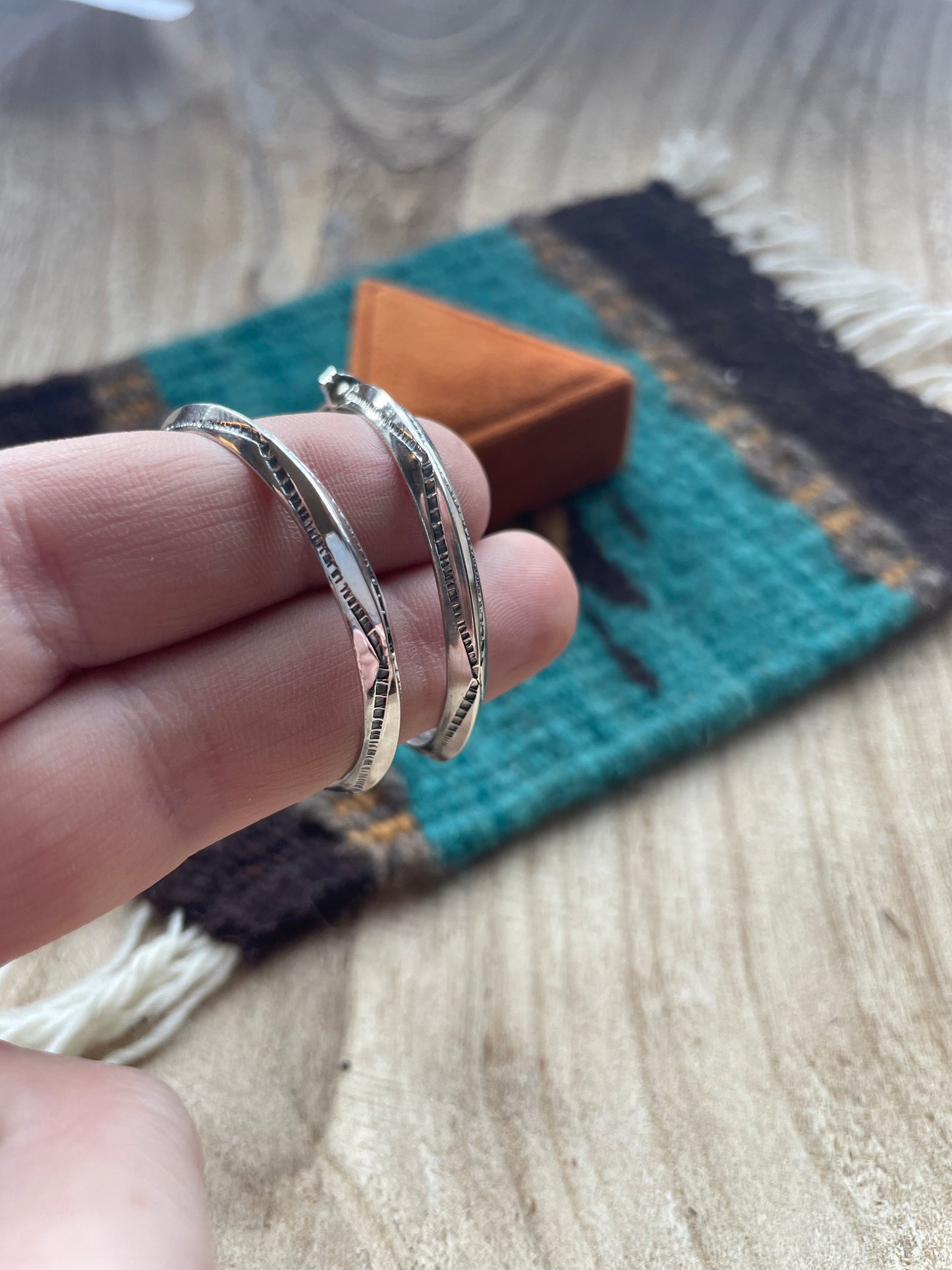 Leander Tahe Hand-stamped Sterling Silver Hoop Dangle Earrings