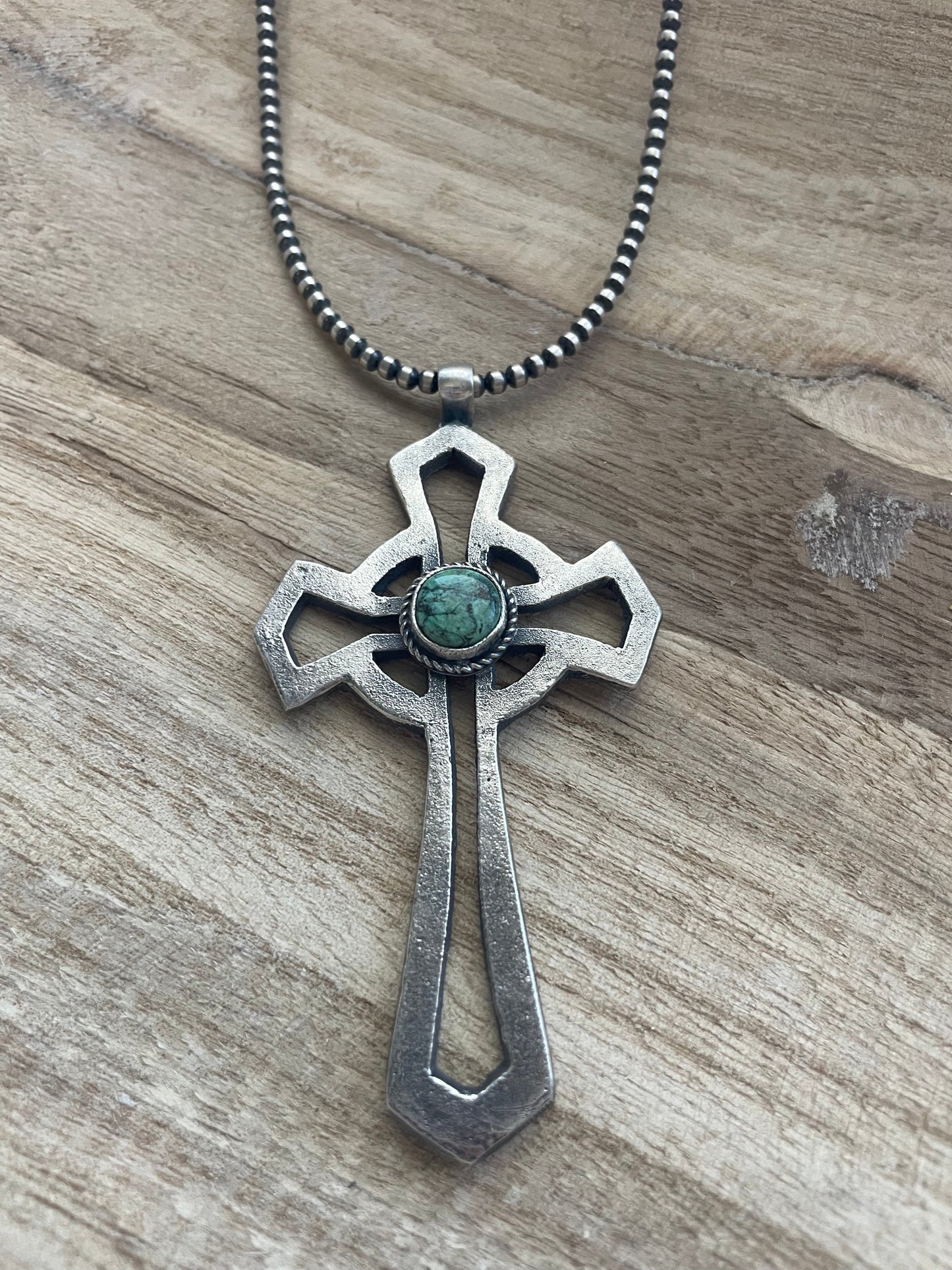 Handcrafted Sterling Silver & Turquoise Cross Pendant Signed Eugene Mitchell
