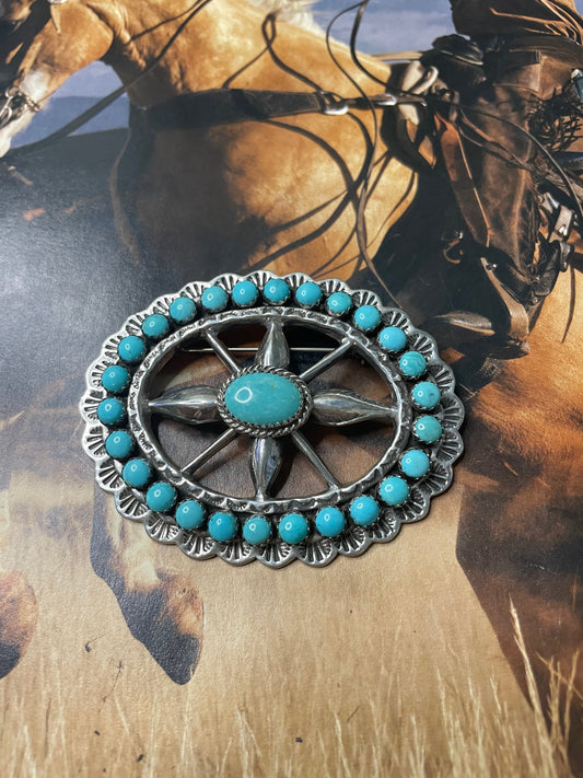 Handcrafted Turquoise And Sterling Silver Pendant Pin Signed