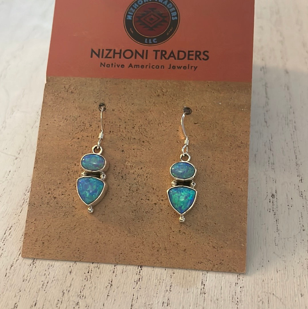 Navajo Blue Opal & Sterling Silver Dangle Earrings