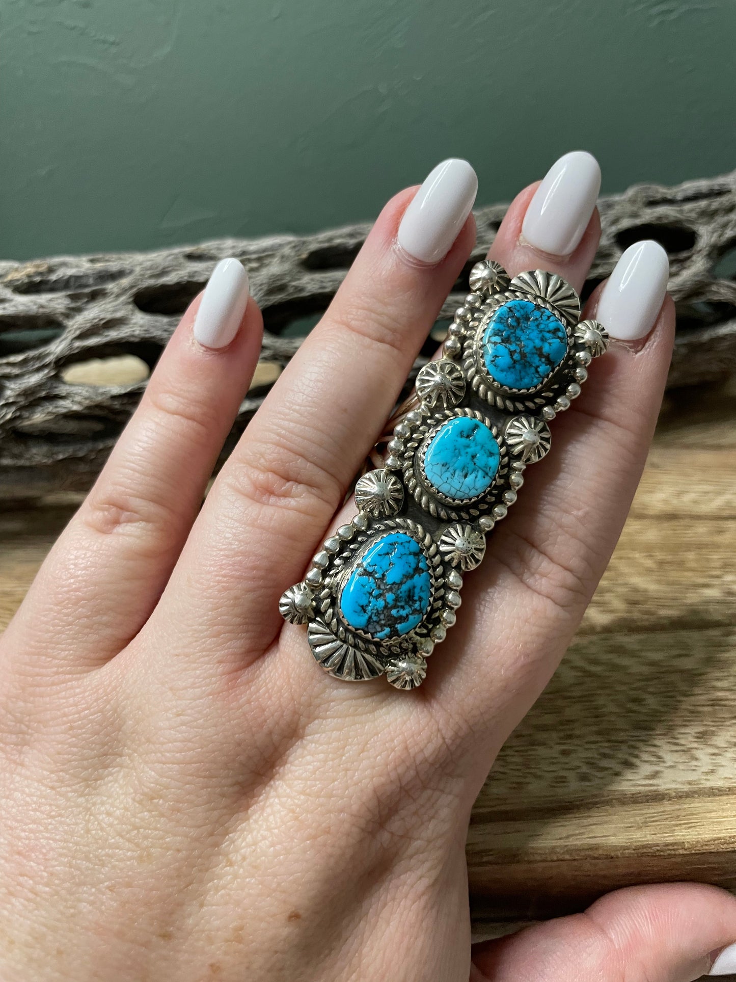 Navajo Turquoise And Sterling Silver Statement Ring Sz 8