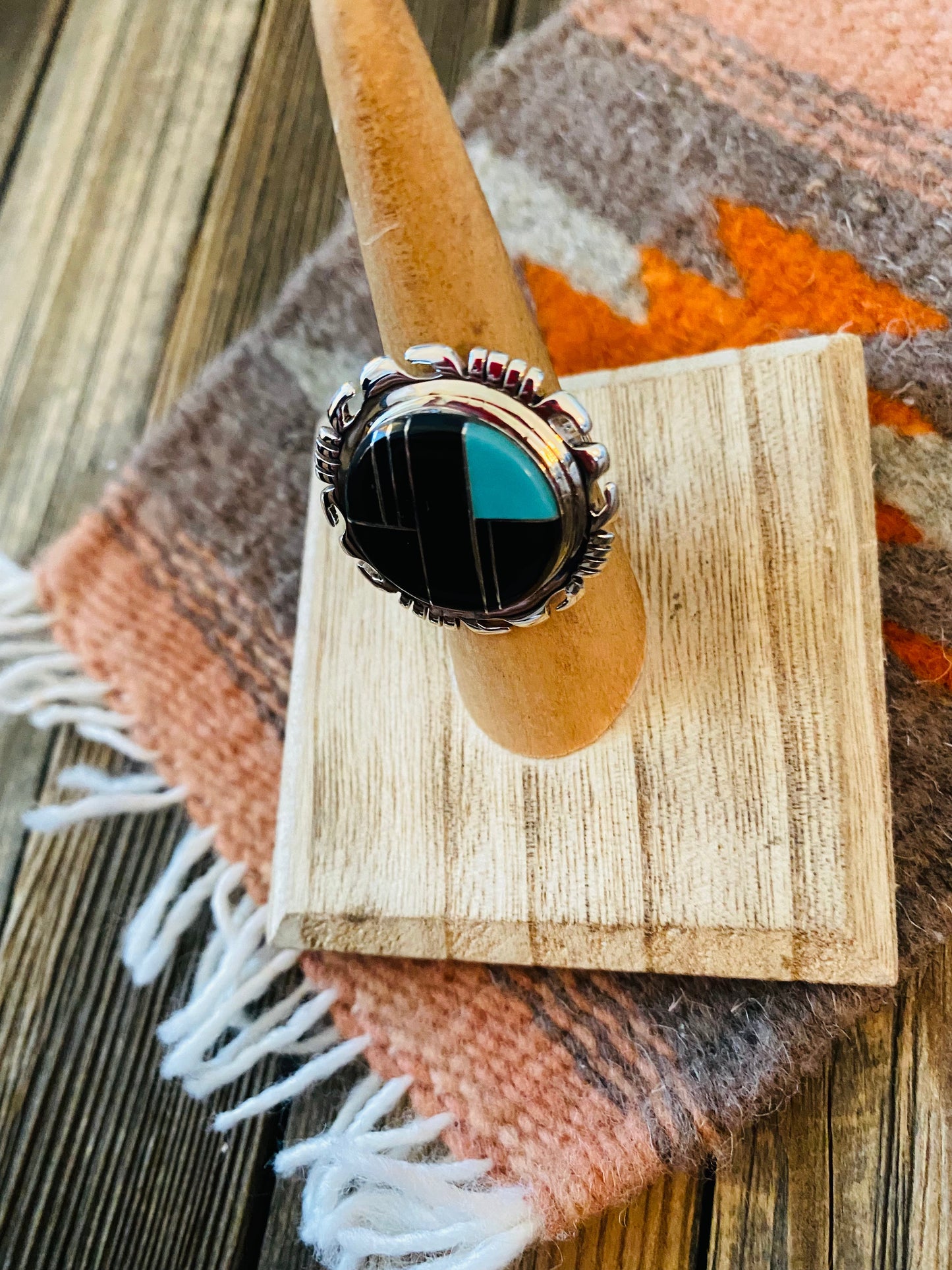 Handcrafted Sterling Silver, Onyx & Turquoise Inlay Ring Size 6.25