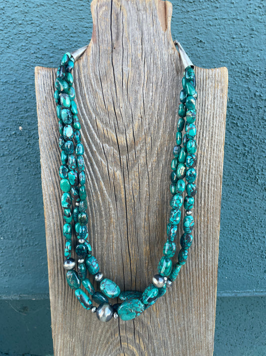 Handcrafted Turquoise & Sterling Silver 3 Strand Beaded Necklace