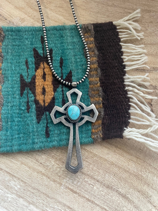 Handcrafted Sterling Silver & Turquoise Cross Pendant Signed Eugene Mitchell