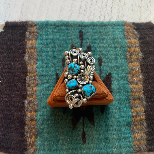 Handcrafted Sterling Silver & Turquoise Flower Ring Size 12