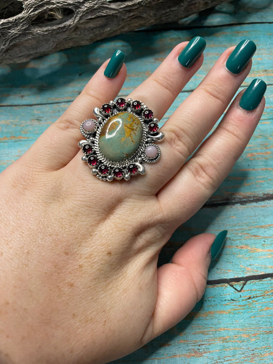 Handmade Royston Turquoise, Pink Opal, Red Opal Adjustable Oval Ring