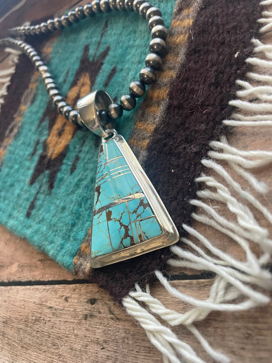 Handcrafted Number 8 Turquoise Inlay & Sterling Silver Triangle Pendant