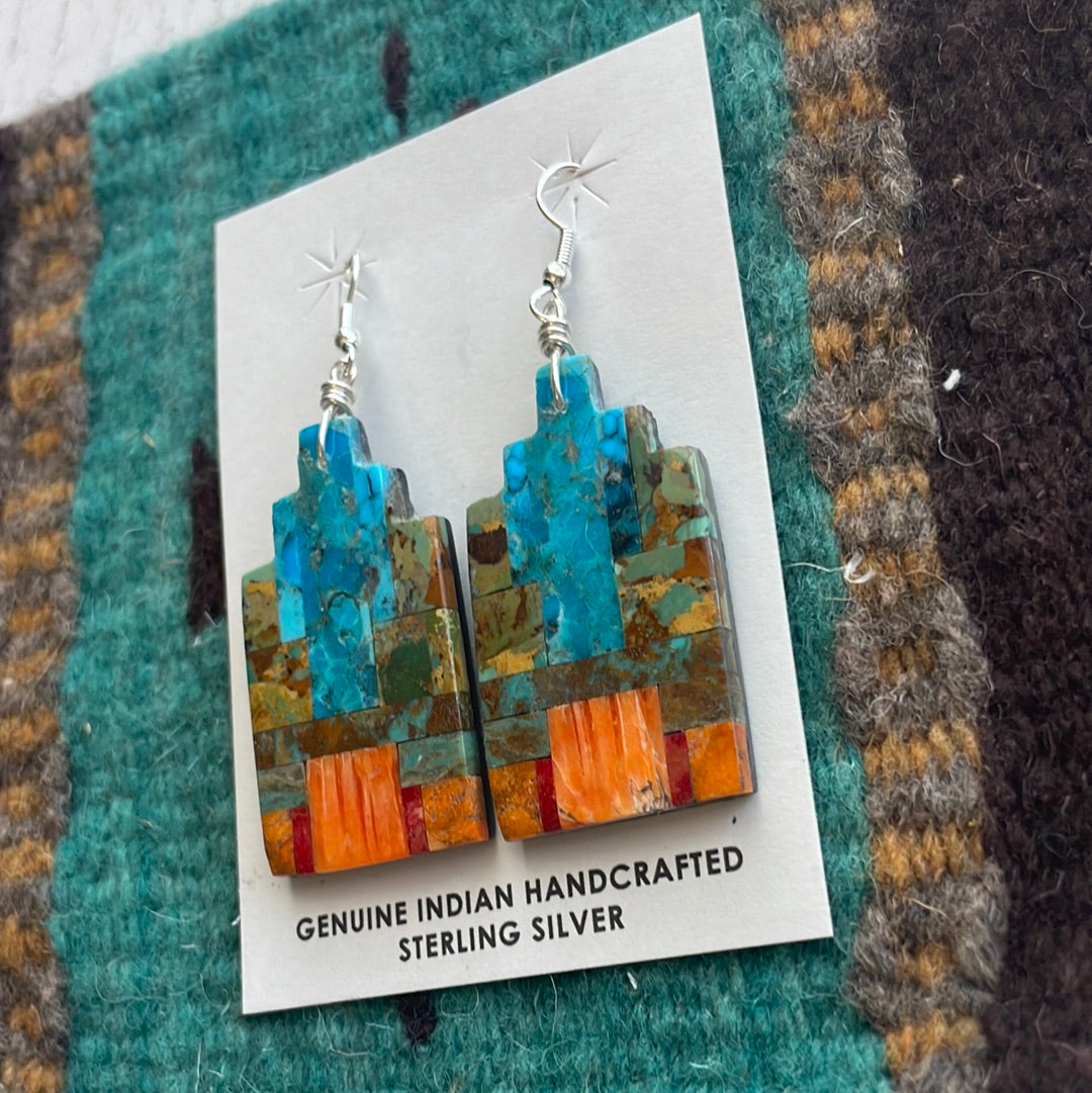 Handcrafted Multi Stone Inlay Dangle Earrings