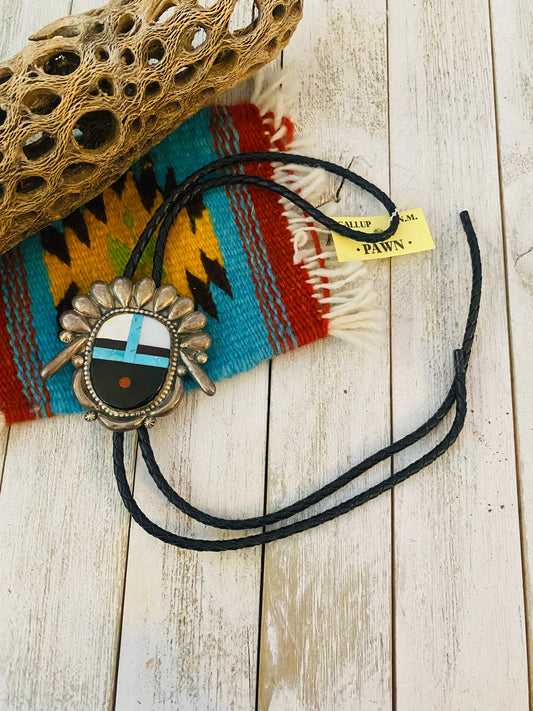 Vintage Handcrafted Sterling Silver & Multi Stone Inlay Bolo Tie
