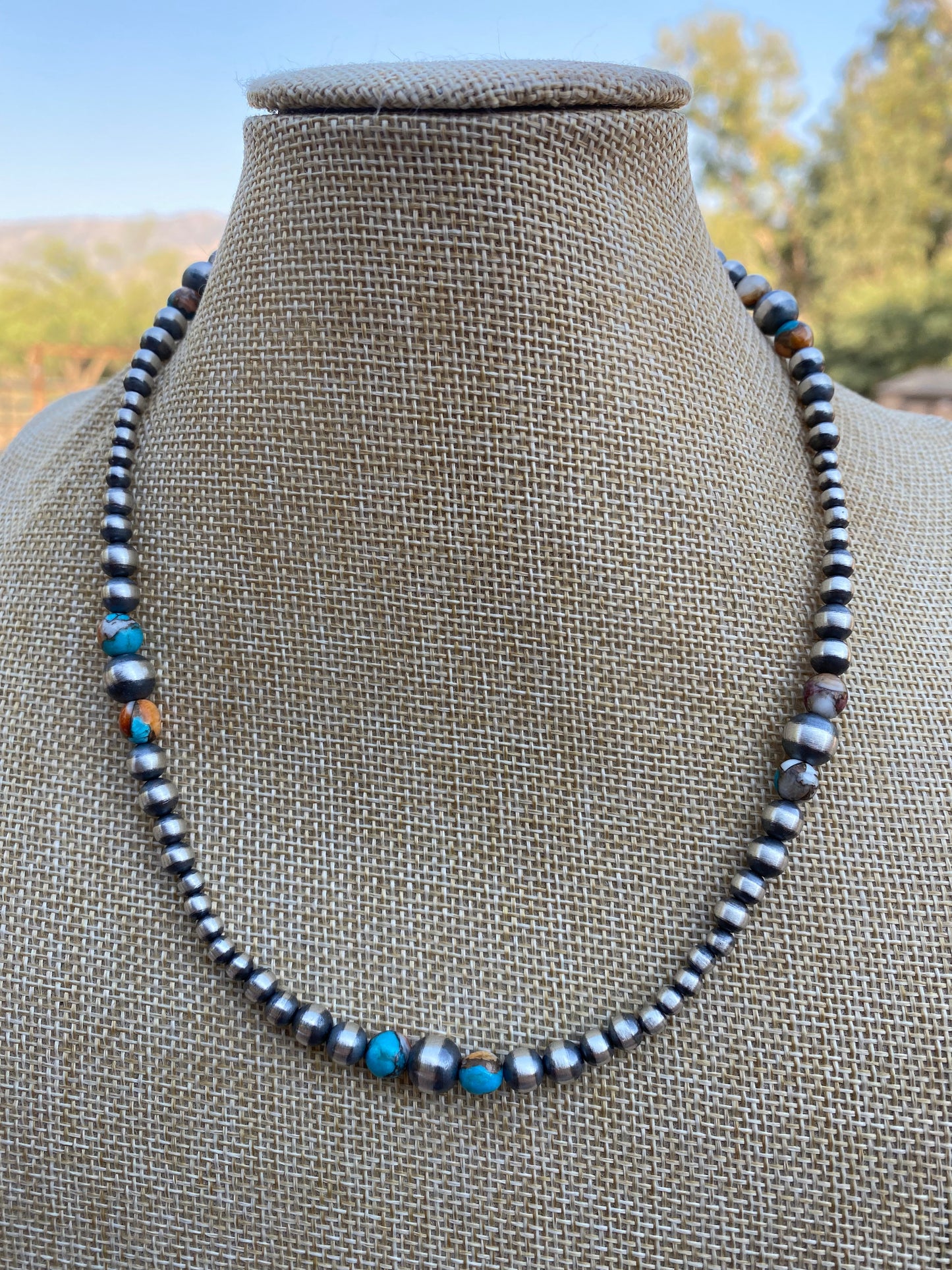 Navajo Turquoise & Spiny Spice Sterling Silver Beaded Necklace 18 inch