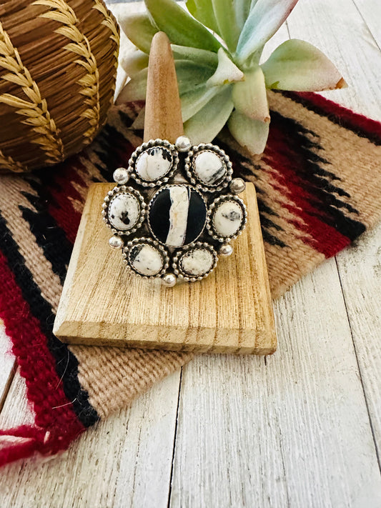 Handcrafted Sterling Silver And White Buffalo Cluster Adjustable Ring