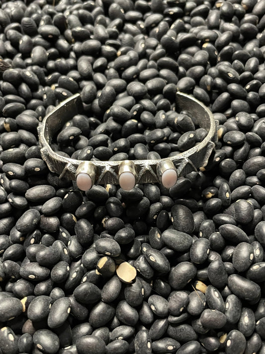Handcrafted Pink Conch & Sterling Silver Tufa Cast Cuff Bracelet Signed