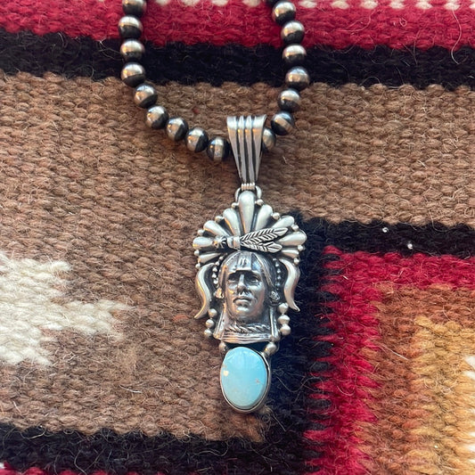 Beautiful Handcrafted Sterling Silver & Turquoise Chief Pendant Signed Russell Sam