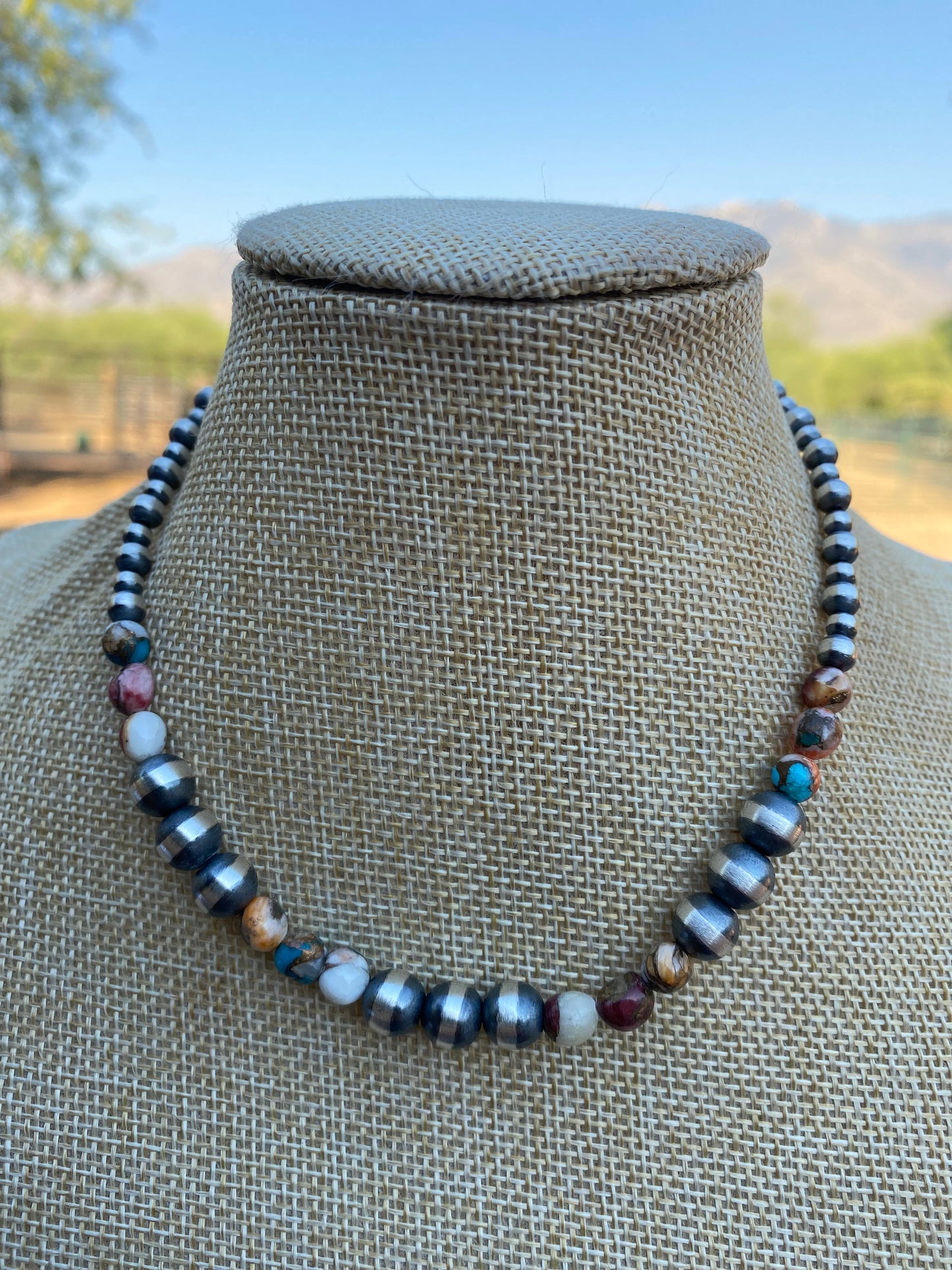 Handcrafted Turquoise & Spiny Spice Sterling Silver Beaded Necklace 14 inch