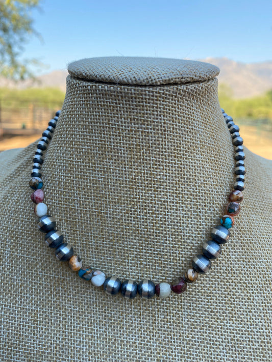 Handcrafted Turquoise & Spiny Spice Sterling Silver Beaded Necklace 14 inch
